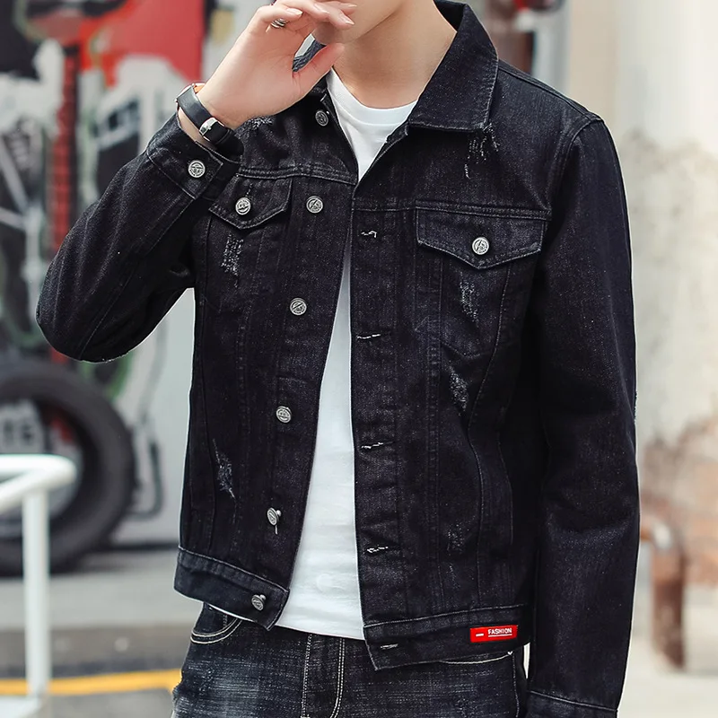 Мужская джинсовая куртка приталенная черная большого размера Осень-зима E-BAIHUI |