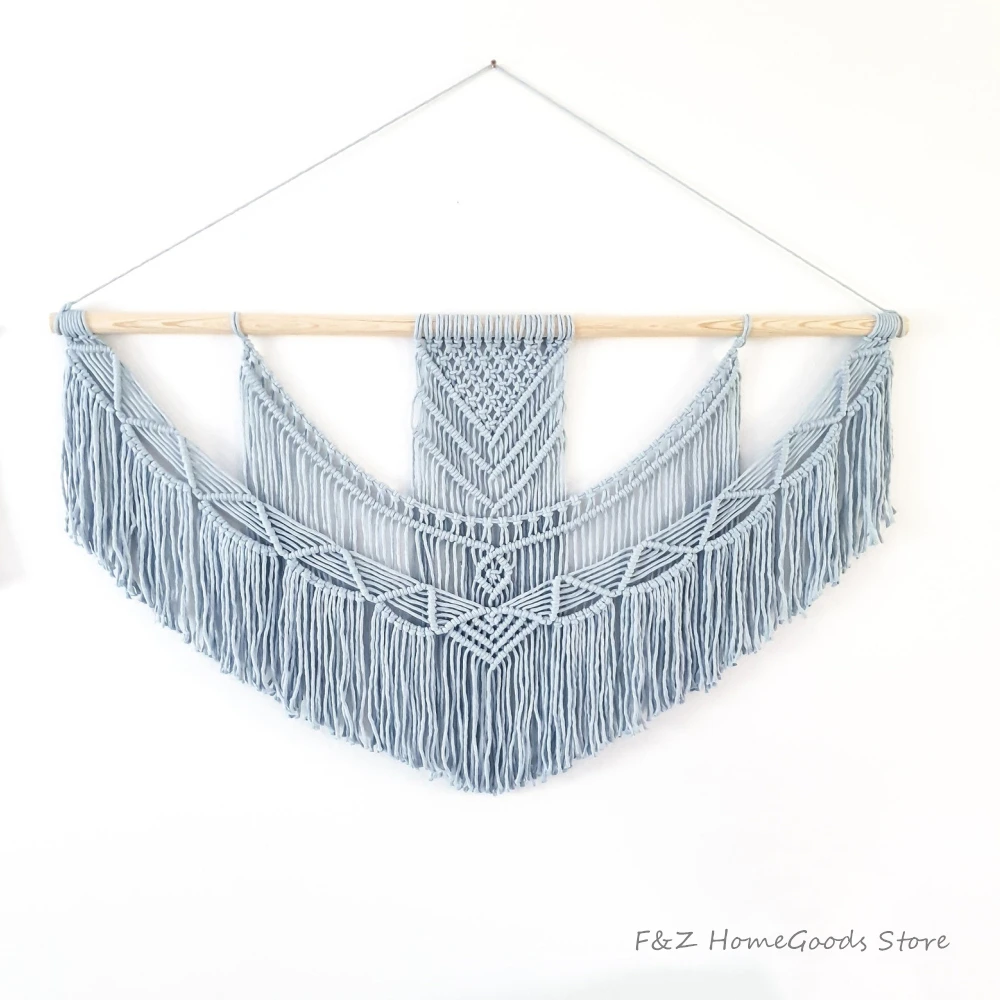 Tapiz colgante de pared de macram&eacute;, tejido a mano, color gris, bohemio, elegante, para decoraci&oacute;n del hogar, sala de estar, apartamento y dormitorio-0
