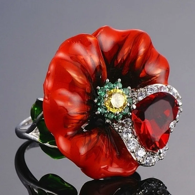 

Fashion Plant Flower Ring Big Diamond Heart Rings Ruby Gemstone Rings Women Wedding Ring Poppy Flower with Heart Finger Jewelry