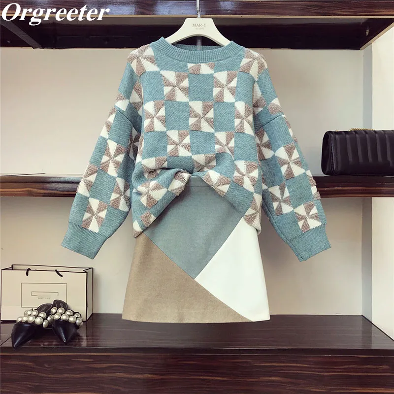 Женский комплект из 2 предметов жаккардовый джемпер + вязаная юбка теплый толстый