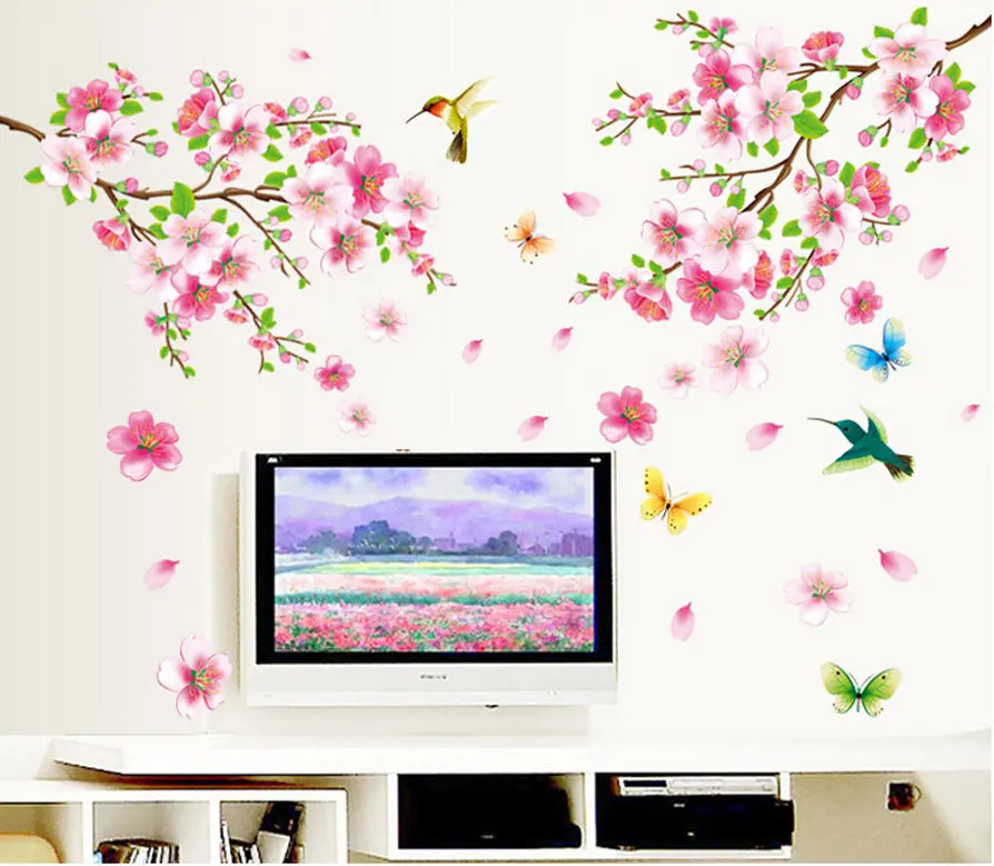 3D Розовый Съемный персик Слива цветение вишни цветок бабочка виниловая