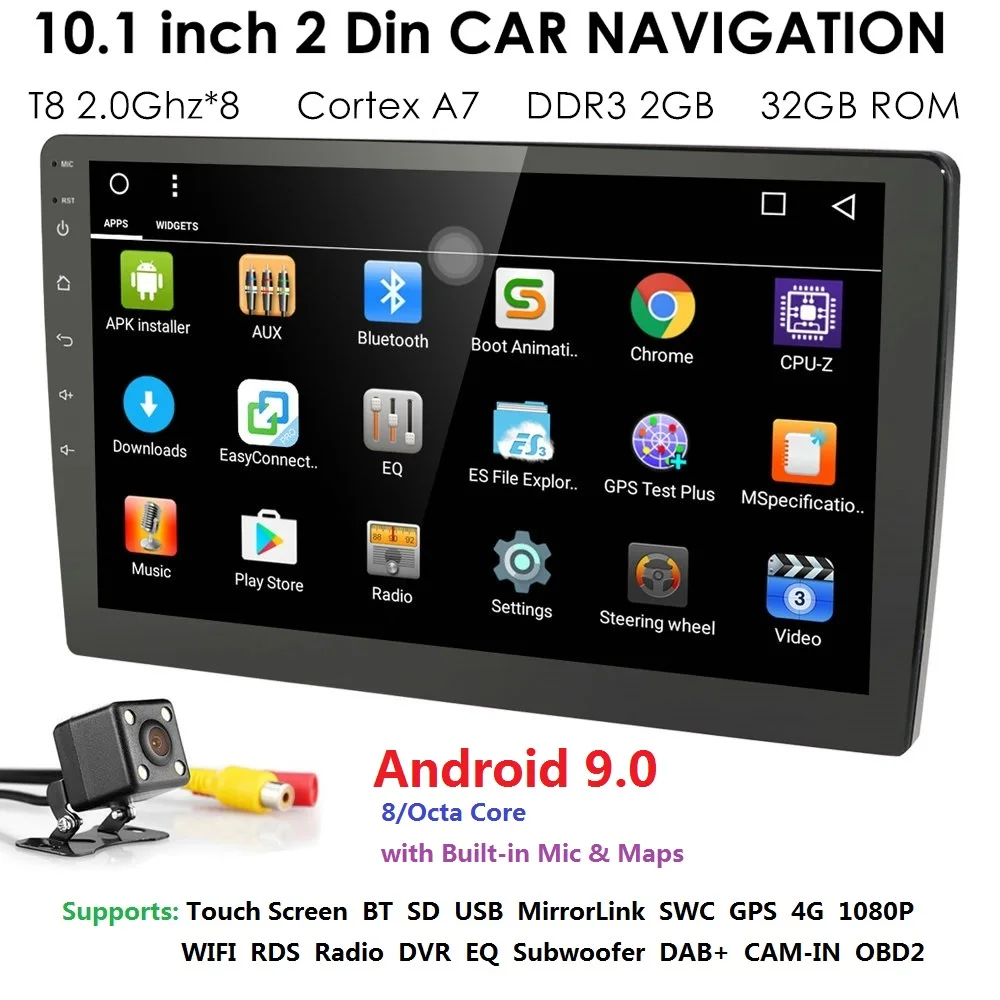 2din 10.1 inch Android9.0 Wifi Car radio GPS Navigation Stereo Radio Bluetooth USB/SD Universal Player 2G+32G CAM | Автомобили и