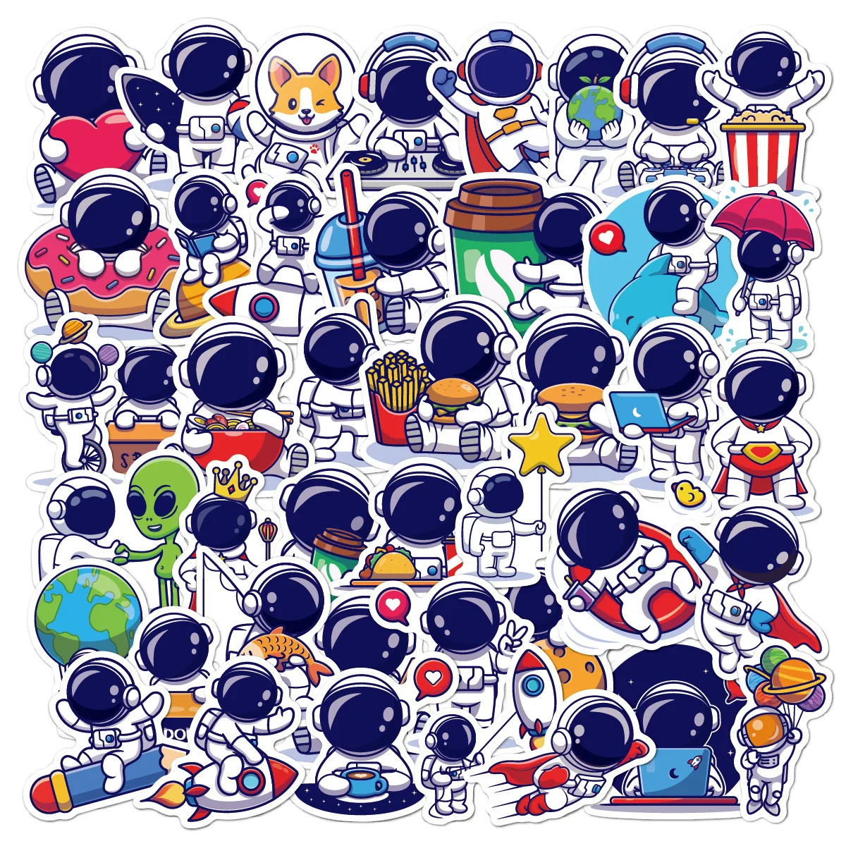 50 unids/paquete de pegatinas de dibujos animados de astronauta, Luna, cohete, universo,...
