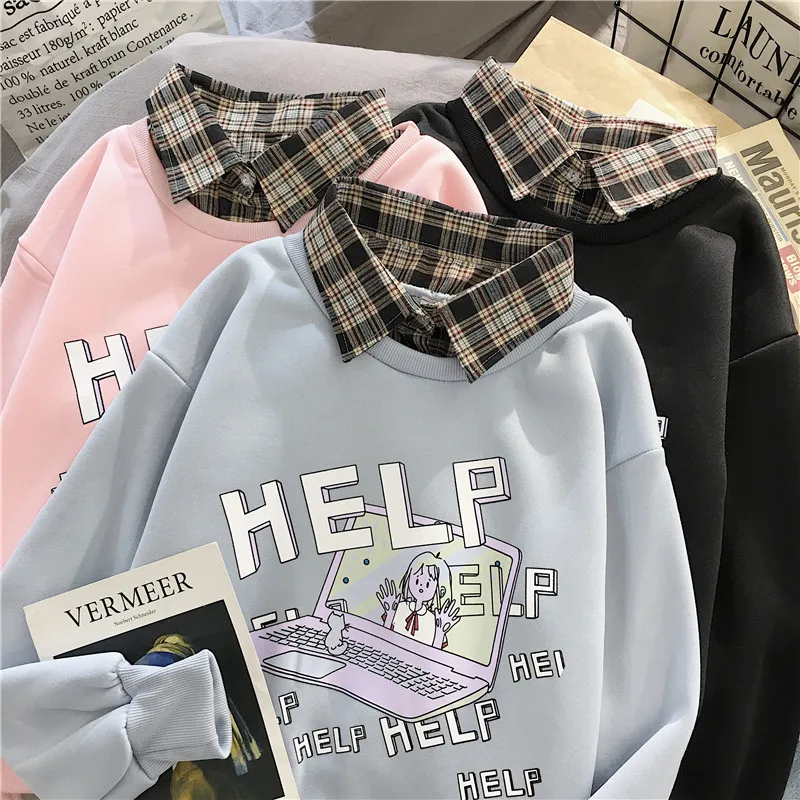 

2021 Spring Harajuku Loose Oversized Women's Sweatshirt Polo Collar Long Sleeve Plus Velvet Letter Fashion Sweatshirt Women Top