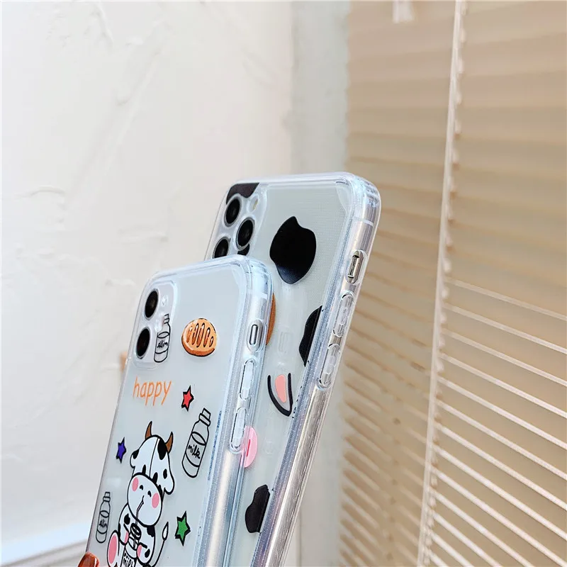 

Cute Cartoon Milk Cow Transparent Soft TPU Silicone Phone Case for iPhone 12 Mini 11 Pro Max X XR XS 7 8 Plus Back Cover