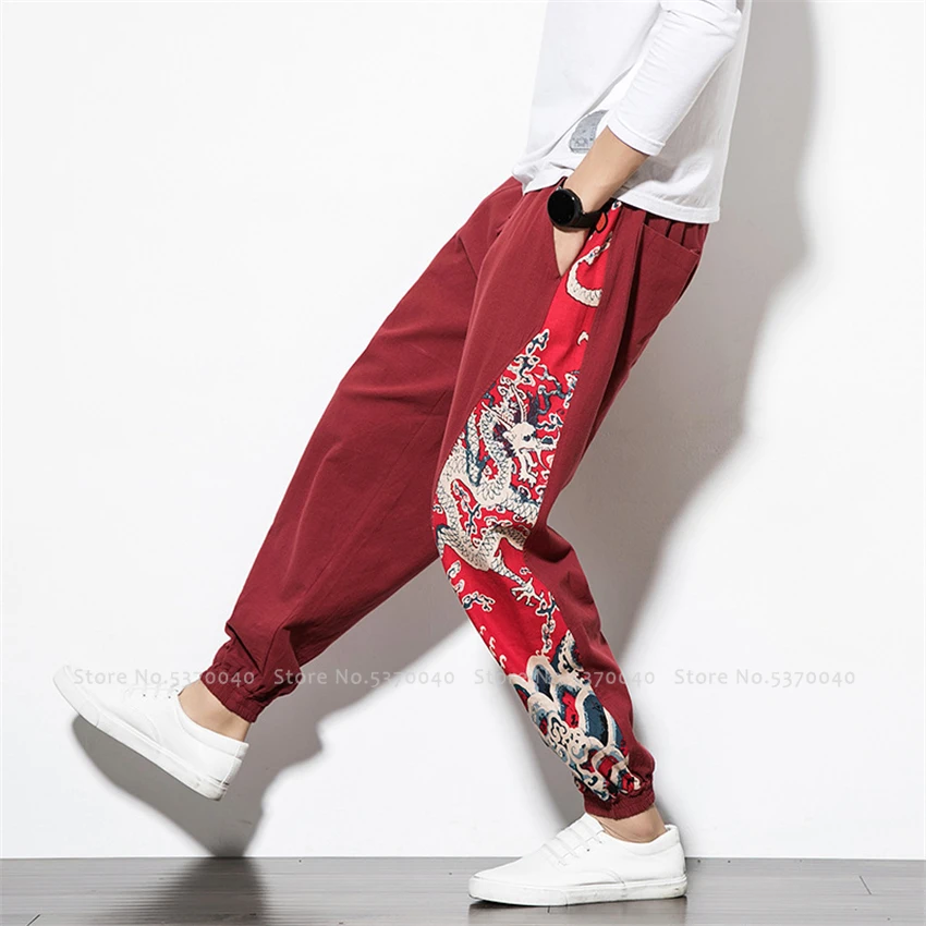 Мужские широкие шаровары Ukiyo e Dragon льняные брюки в японском стиле Харадзюку