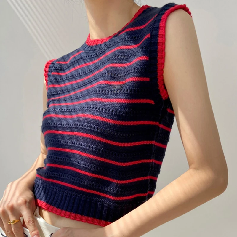 

TWOTWINSTYLE Stripe Colorblock Vests For Female O Neck Sleeveless High Waist Slimming Cut Out Women's Casual Vest Fashion New