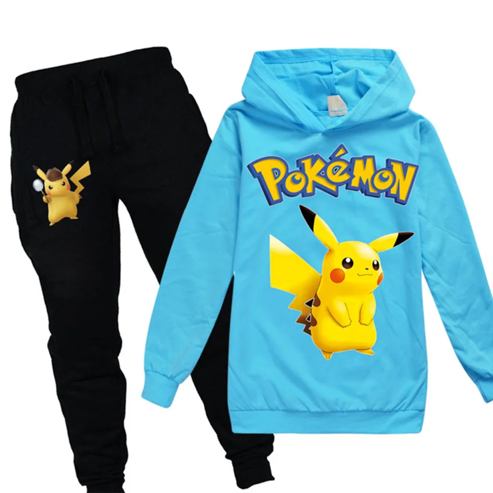 POKEMON GO Detective Pikachu/детская одежда для мальчиков и девочек осенний Свитшот комплект из 2 предметов, хлопковые спортивные толстовки с длинными рукавами и рисунком, Комплект футболок - Цвет: 991sky