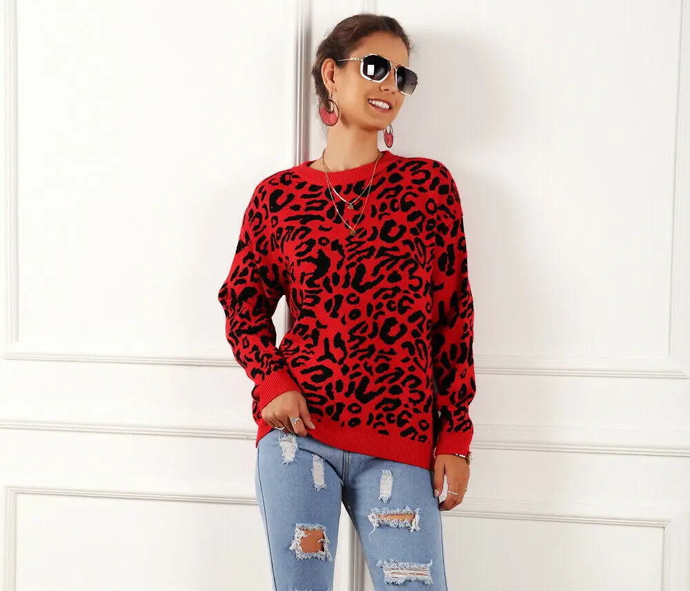 Autumn Winter Fashion Women Loose Knit Leopard Print Long Sleeve O Neck Sweater Jumper Pullover Red Khaki | Женская одежда