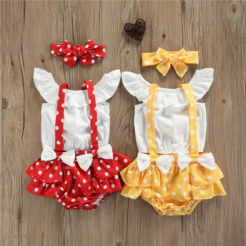 

3 Piece Baby Girls Summer Outfits Set Solid Color Ruffle Tops + Polka Dots Suspender Shorts + Headband Set for 0-24 Months
