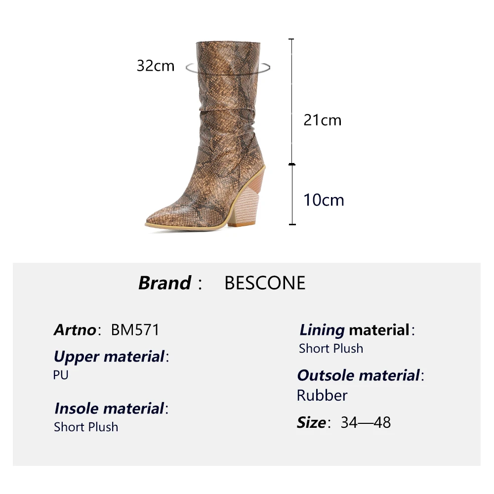 

BESCONE Women's Shoes Fashion Mature Handmade Ladies Middle Boots Strange Style Heel Pointed Toe Snake Pattern Boots Women BM571