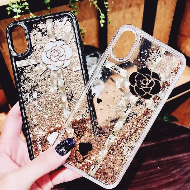 Luxury Gift Camellia Gold Sequin Bling Glitter Dynamic Liquid Quicksand Phone Case For iPhone X XS XR Xsmax 6S 7 8 Plus TPU |