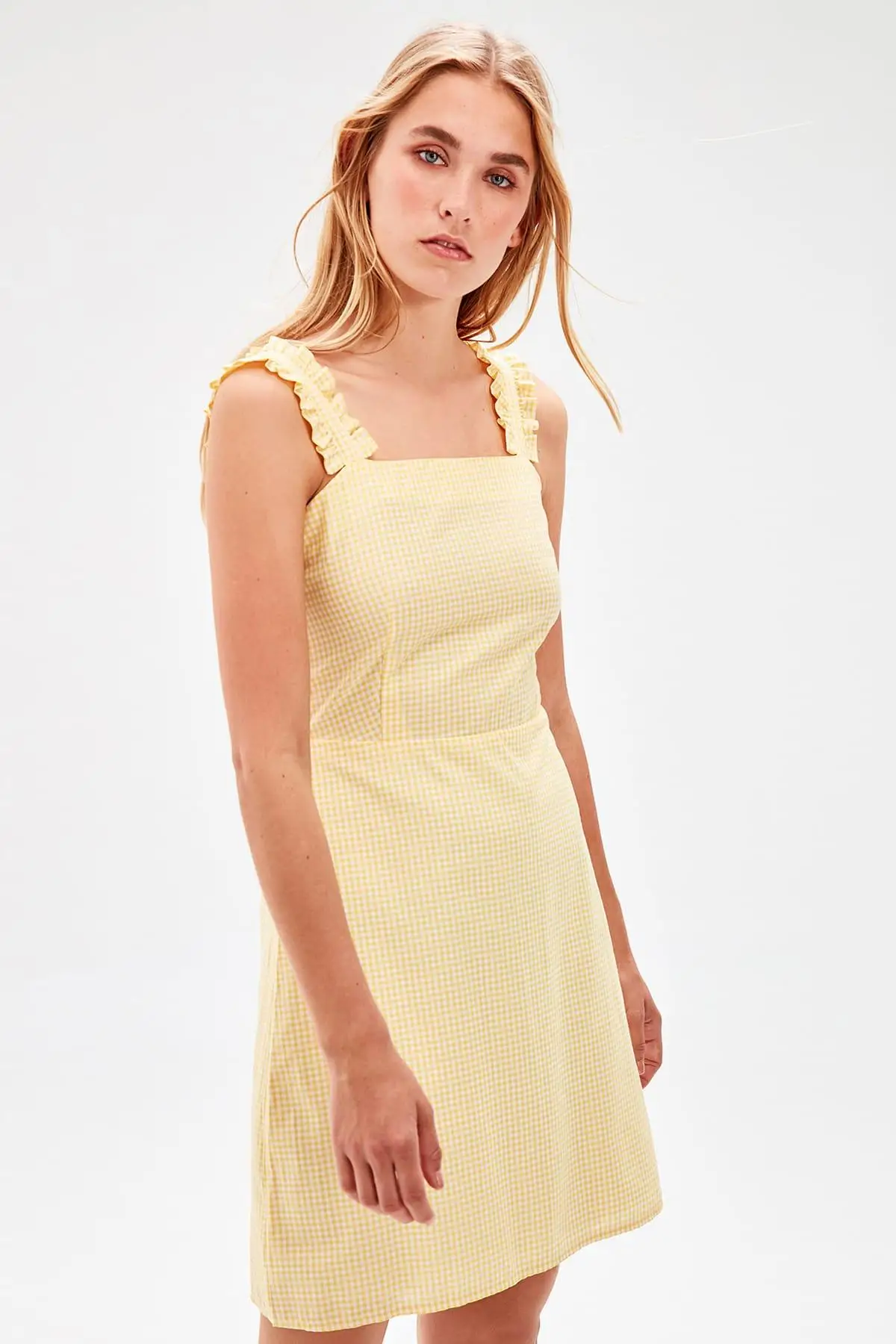 Желтое платье в клетчатом стиле TWOSS19EL0513|Женские платья| |