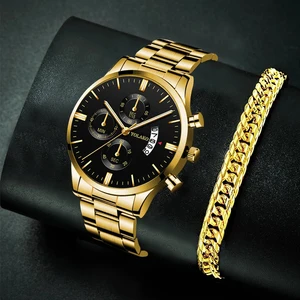 Fashion Mens Watches Luxury Men Sports Gold Stainless Steel Analog Quartz Wrist Watch Calenda Male B