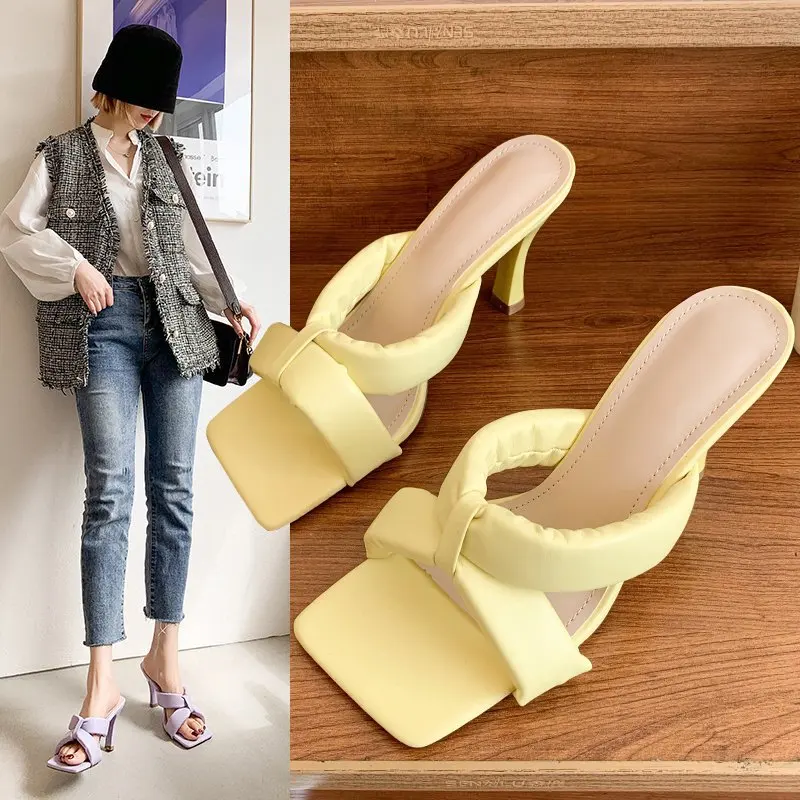 2021 Modern Slippers Women Sandals Ladies Pumps High Heels New Summer Classic Fashion Outside Thin Heels Shallow Med (3cm-5cm)