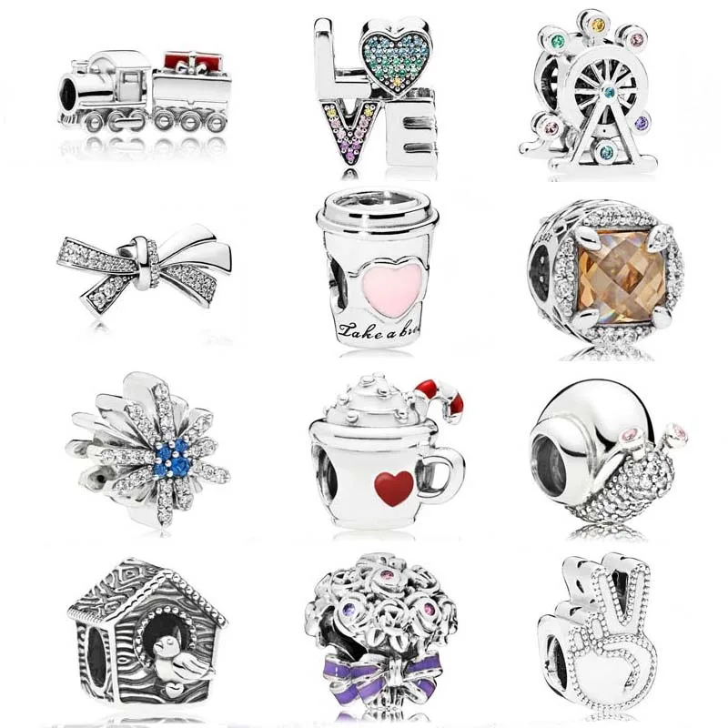 

Coffee Drink Christmas Train Ferris Wheel Oversized Brilliant Bow Word Love Beads 925 Silver Charm Fit Bracelet Fashion Jewelry
