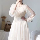 Женское платье, весенние элегантные платья-трапеции средней длины, женское однотонное платье с V-образным вырезом и пышными рукавами, кружевное Сетчатое платье