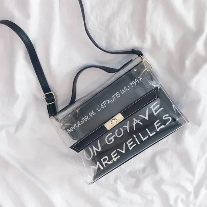 Women Composite Bags PVC Transparent Handbag Letters Printed PU Leather Purse Shoulder Bag-OPK