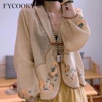 ramie embroidered shirts open stitch women chinese style disc button top 2021 spring summer loose long sleeve blouses female