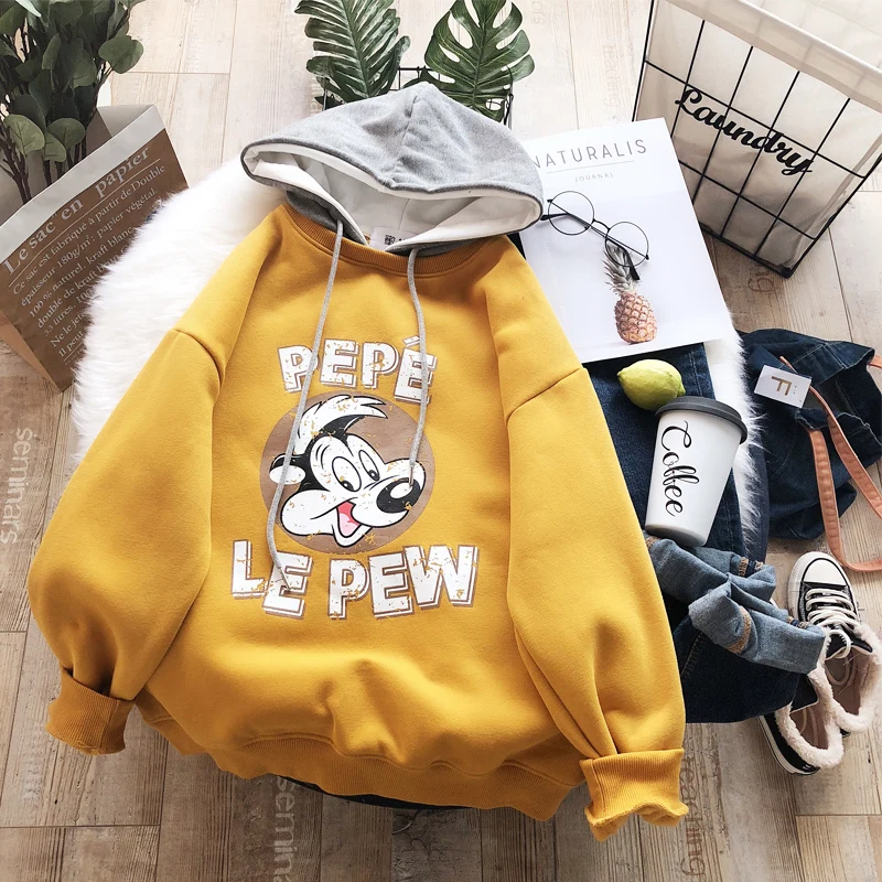 yellow thicker Толстовки женские толстые с принтом в Корейском стиле женские универсальные Kawaii Harajuku пуловер с капюшоном женские теплые Мультяшные милые Студенческие - Цвет: yellow thicker