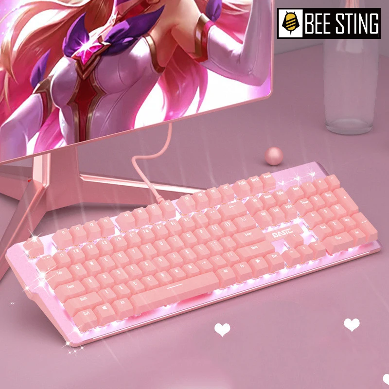 New Pink Gaming Mechanical Wired Keyboard 104-key Girly Gift USB interface White Backlight is Suitable For Gamers PC laptops