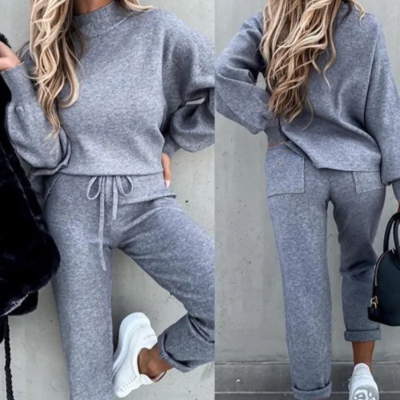 

Sportswear 2021 Lantern Sleeve Tracksuits Women's Fleece Sweatshirt Sets Pullover Drawstring Pants Set Clothing Women Autumn