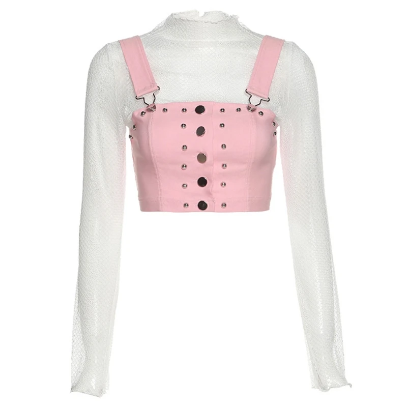 

Women Fake 2pcs Sheer Lace Long Sleeve Turtleneck Crop Top with Pink Button Vest 83XF