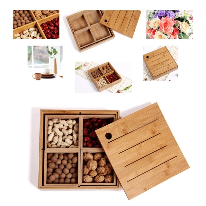 

4 Grid Vintage Wooden Storage Divider Box Desk Organizer for Candy Snacks Jewelry Nuts Plate Tray