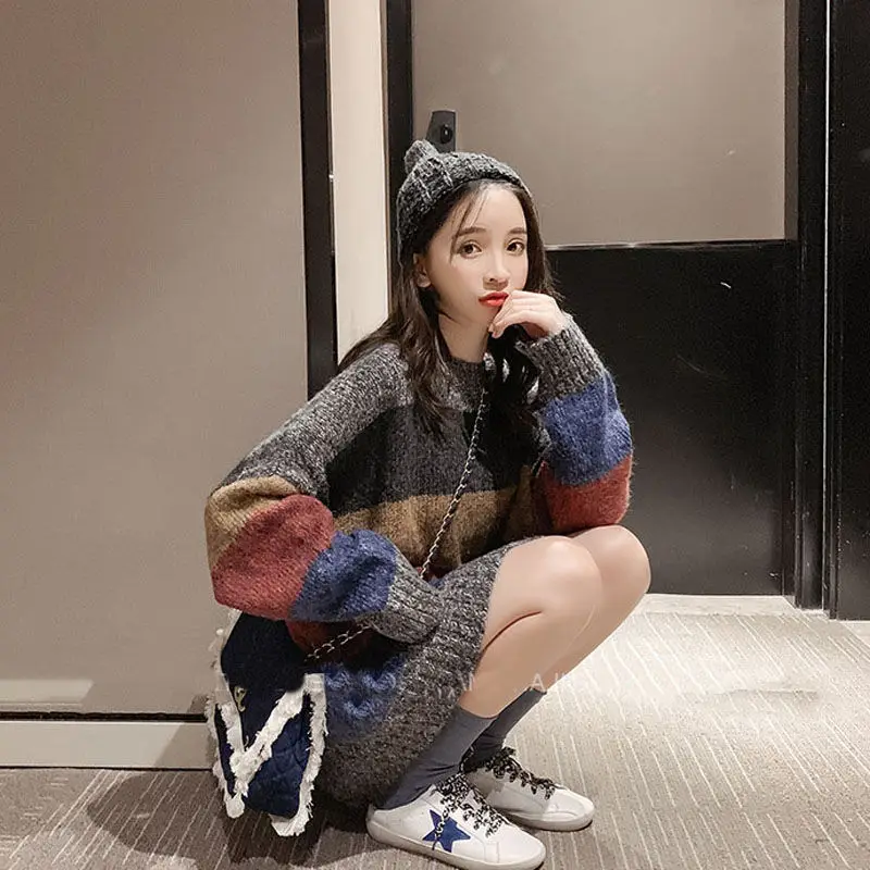 

2021 Women Autumn Winter Fashion Rainbow Striped Pullovers Female O-neck Sweater Tops Ladies Loose Warm Knitted Jumpers P320