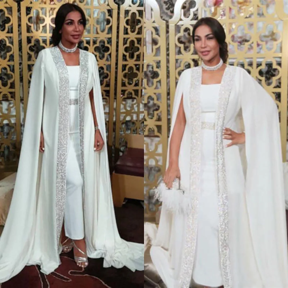 

Strapless Dubai Muslim Evening Dresses White Sequins moroccan Kaftan Cape Prom Special Occasion Gowns Arabic Long Sleeve Dress