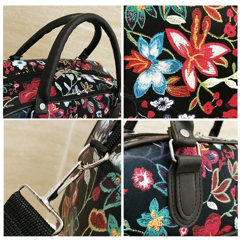 Leather Women Travel Bag Handbags Portable Hand Fitness Floral Duffel Bag Waterproof Weekend Bag For Lady Fashion Bags XA218D