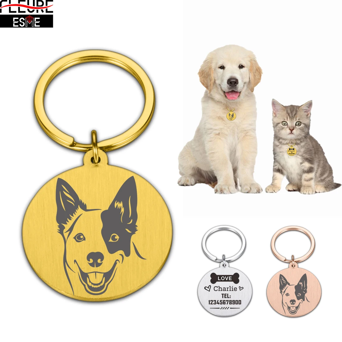 

2022 Pet ID Tag Name Phone Number Free Engraving Cat Dog Puppy Collar Stainless Steel Original Anti-lost Pet Jewelry Keyring