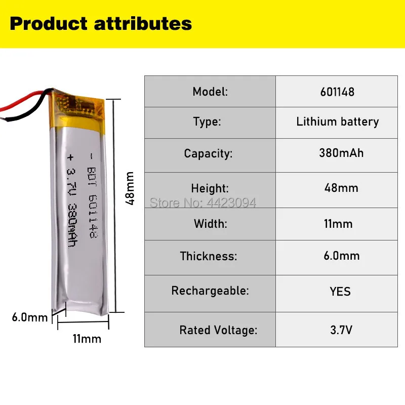 3 7 V 380mAh 601148 литий-полимерный перезаряжаемый литий-ионный аккумулятор для Mp3 MP4 MP5