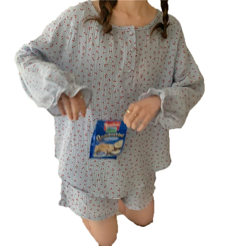 

New Summer Women Korean Long Sleeve Pajamas Cherry Print Cotton Yarn Ruffle Sleepwear Set Breathable Homewear Tops Shorts