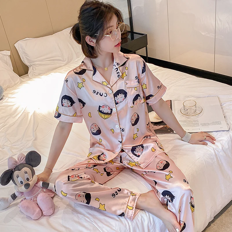 

Ice Silk Pajamas Women's Summer Thin Short-Sleeved Trousers Cute Chibi Maruko Chan Two-Piece Suit Internet Hot Silk Homewear