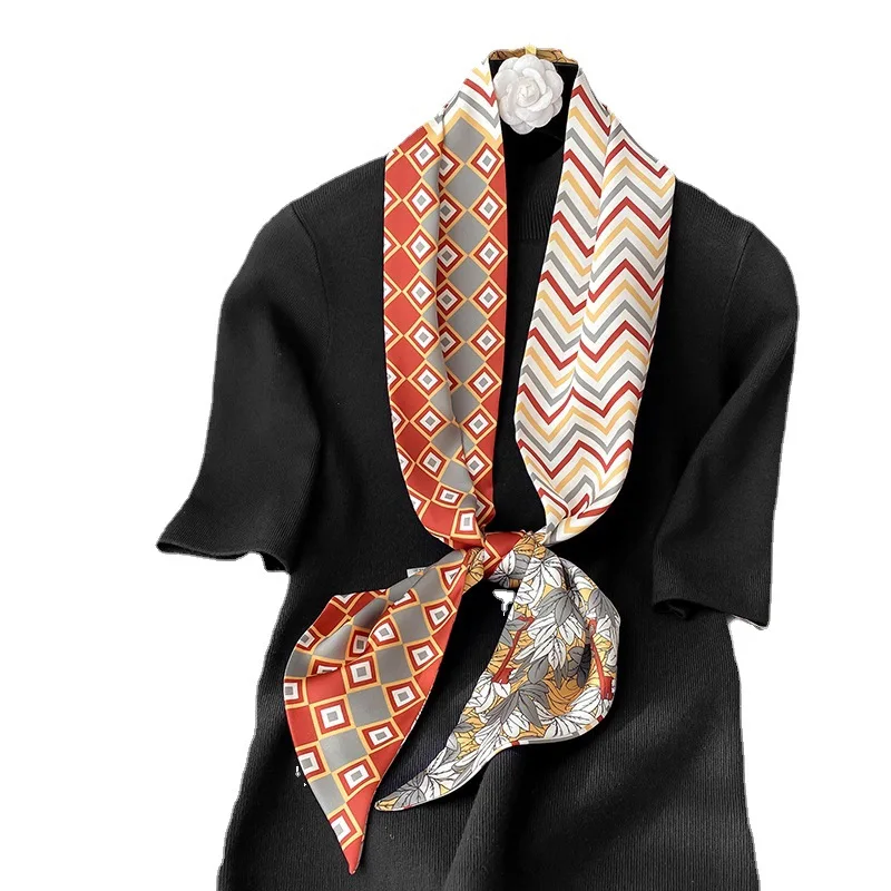 

2021 Spring New Fashion Print Narrow Silk Scarf Women Double Small Long Scarf Tying Hair Band Female Headwear Bag Wraps Foualrd