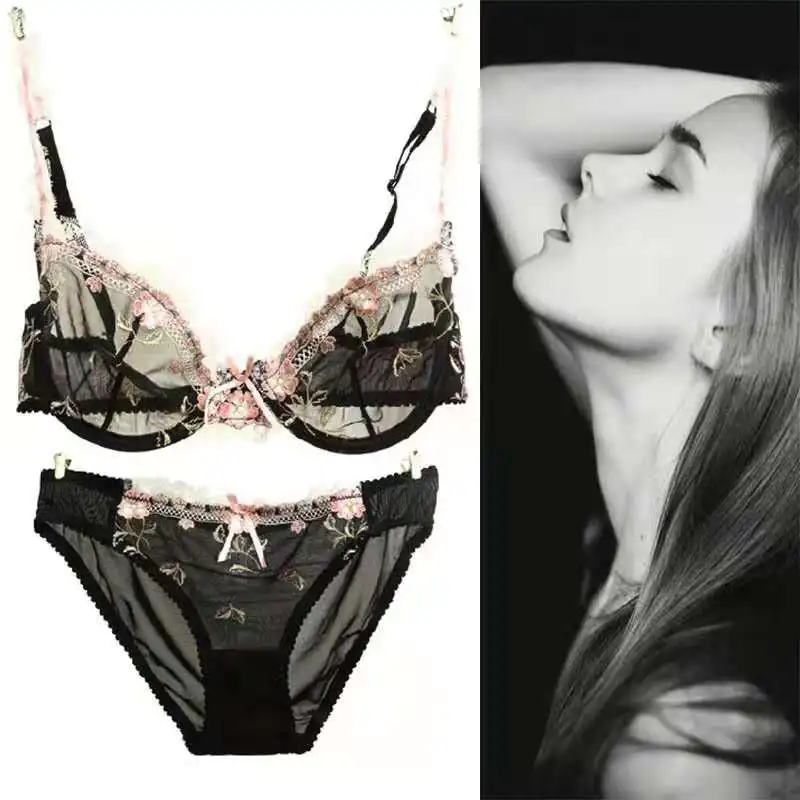 

New Style Lace Sexy big chest large size 2-piece bra ultra-thin transparent seductive underwear suit women's summer