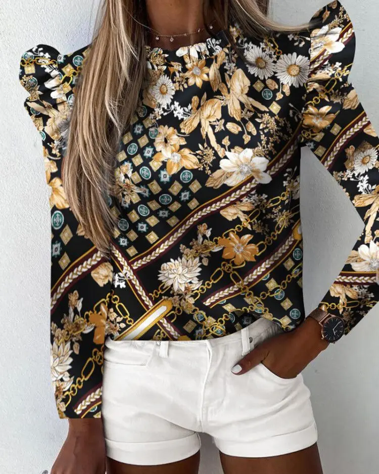 

Women Autumn Slim Ruffles Blouse Casual O Neck Long Sleeve Floral Pineapple Print Blouses Shirt Elegant Top Female Blusas Mujer