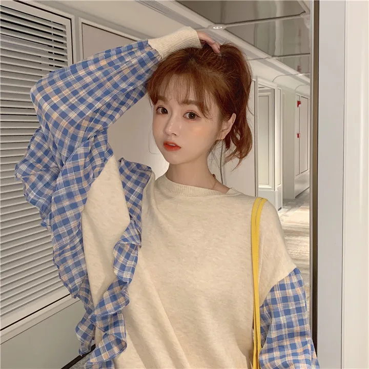 

japan preppy style plaid ruffles loose hoodies women fashion brand autumn pullovers o-neck sweatshirt sweet Women's Clothing new