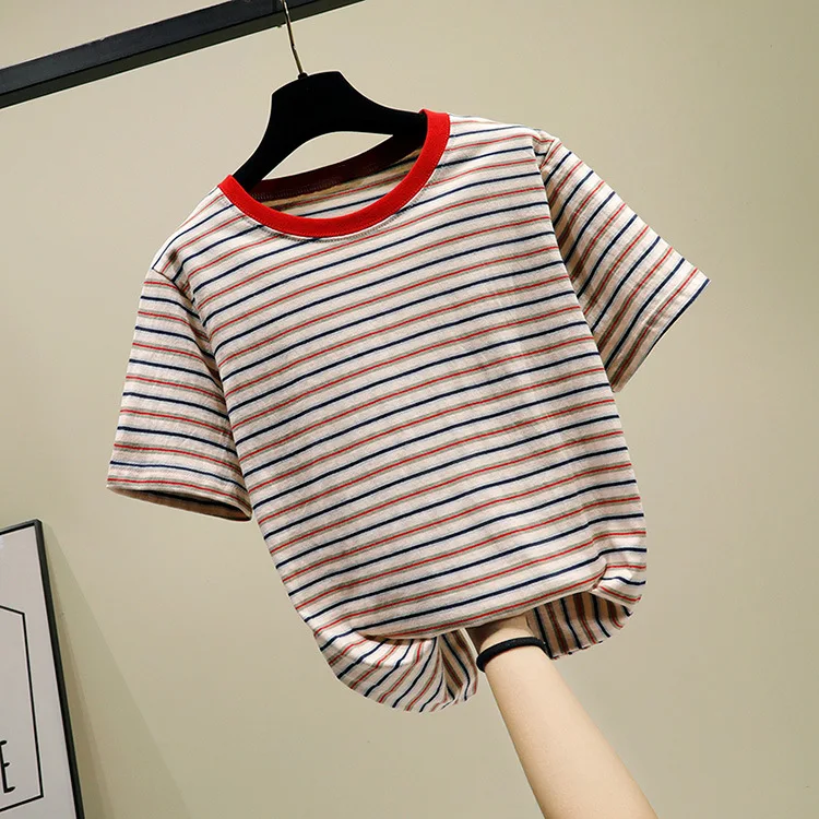 Футболка в полоску из 100% хлопка для женщин Harajuku летняя футболка с коротким