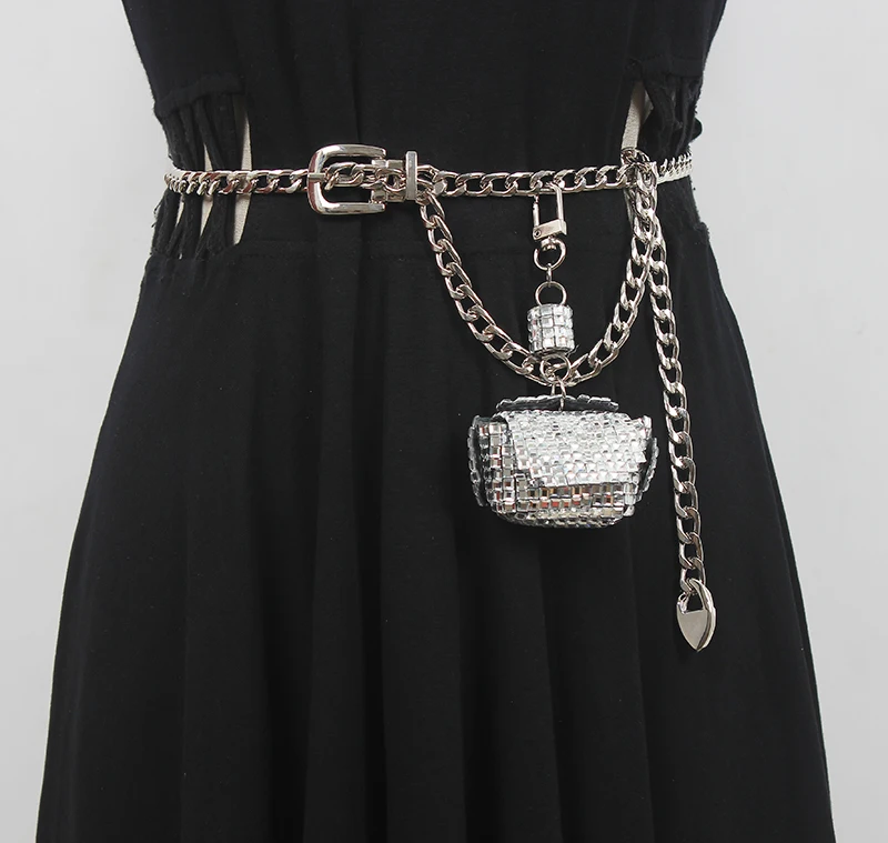 Adjustable Waist Chain belt With mini bag For Earphone Money Full Rhinestone Waist Packs Punk Female Metal Alloy Waist Belt 2021