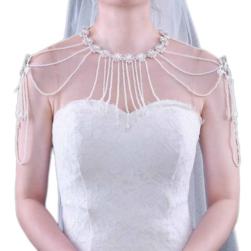 

Wedding Bride Imitation Pearl Tassels Necklace Faux Crystal Flower Shoulder Chain Bib Collar Prom Jewelry Shawl Wrap