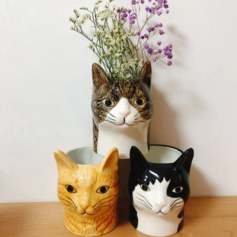 Creative Animal Cat-shaped Ceramic Vase Pen Holder Home Desktop Arrangement Hand-painted Flower Pot Decoration Gifts Dropship