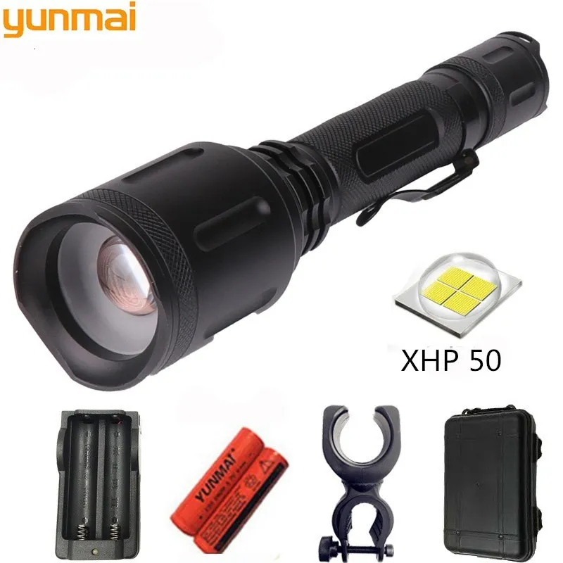 powerful LED flashlight torch 20000LM XHP50 Zoom Tactical defense flashlight Lantern Use 18650 Battery For Camping hunting light