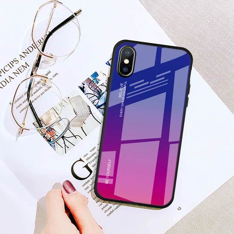 04 Цветной градиентный чехол из закаленного стекла для iPhone 7, 8 Plus, 6, 6 S, смартфон, полный Чехол, блестящий чехол для iPhone XR X XS Max - Цвет: 04