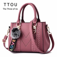 causal women office handbag high quality tote handbags with fur ball for female design pu leather fashion ladies shoulder bags