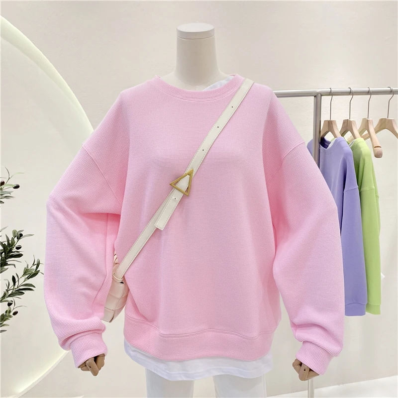 

Новинка 2020, универсальный свободный пуловер с белыми краями и имитацией двух предметов на весну и осень, свитшот, Женский однотонный топ