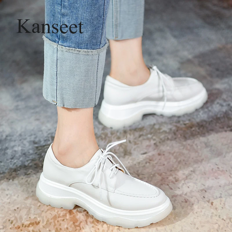 

Новинка Осенняя женская обувь Kanseet из коровьей кожи с круглым носком на шнуровке ручной работы на платформе и массивном каблуке повседневна...