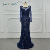 luxury mermaid evening dresses long sleeves scoop blue prom dresses robe de soiree formal party dress robe femme