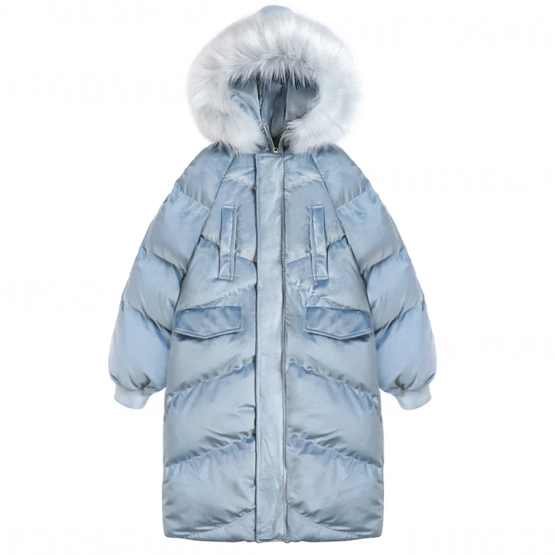 

YUSHU 2019 Women's Velvet Coat Jacket Long Women Parka with Large Fur Collar Fashion Winter Thick Coat To Knee